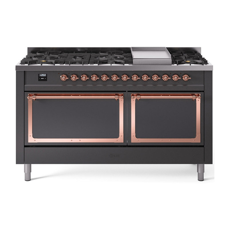 ILVE Nostalgie II Noblesse 60 in Dual Fuel Range, 9 Burner, Griddle, Liquid Propane, Graphite Matte/Copper