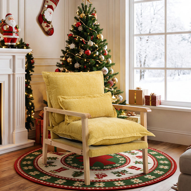 Chenille Accent Chair Armchair With Pillow, Yellow, Natural Wood