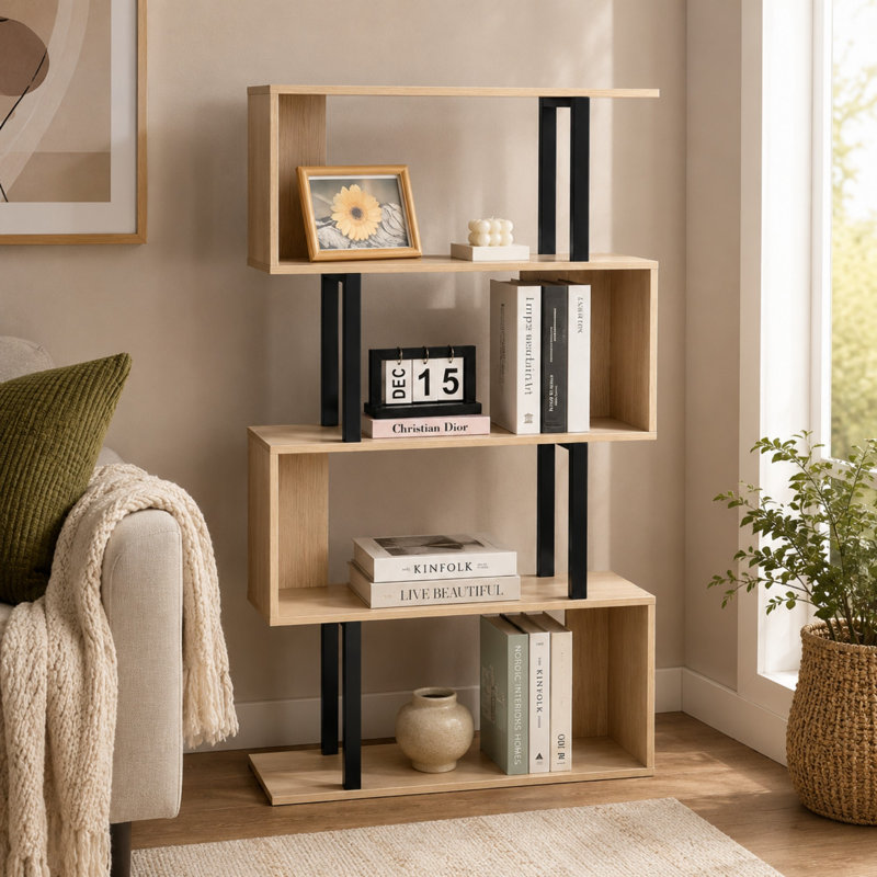 Bridgeview Open 4-Tier Room Divider Shelf Natural Wood Black Metal, Natural Wood/Black