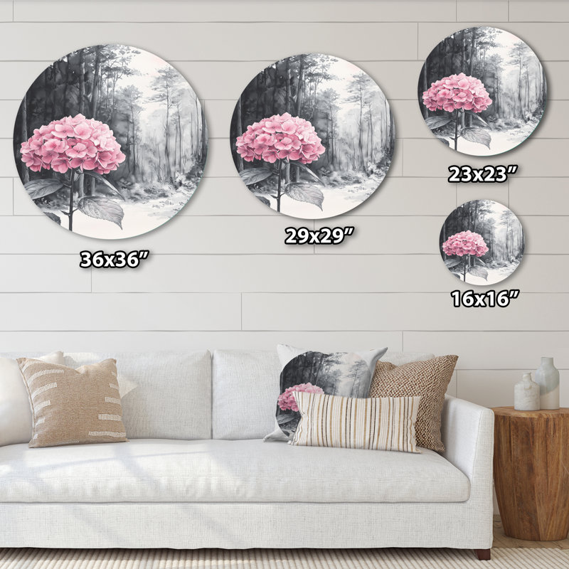 Hortensias dans la forêt monochrome II - hydrangées, art mural rond en métal, H 16 po x l 16 po