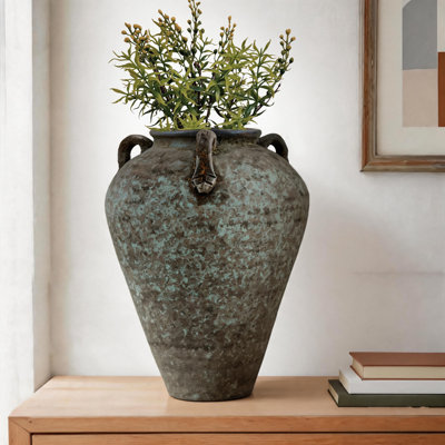 High-Fired Rustic Turquoise Green Ceramic Flower Vase, Three-Handled Aged Patina Urn Vase, Weathered Reactive Glaze Vase for Table & Floor Display in Living Room, Dining Room & Entryway Decor