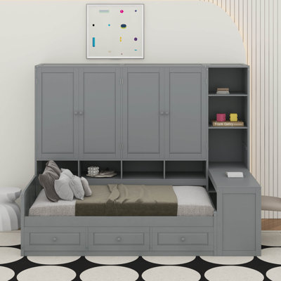 Lit de jour simple en bois avec trois tiroirs, armoire, bureau et tablettes