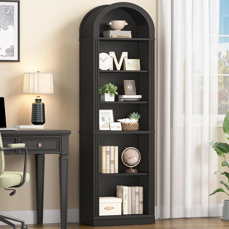 Bibliothèque étroite de 75,8 po de hauteur avec tablettes ouvertes, bibliothèque arquée avec rangement, bibliothèque de style maison de campagne à 6 niveaux avec tablette réglable