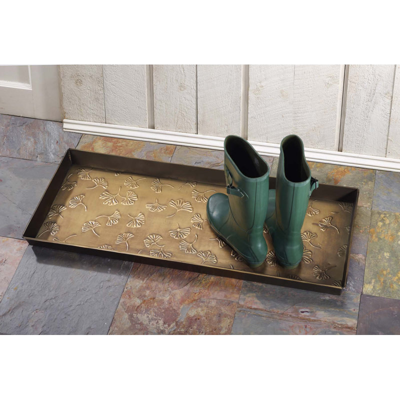 Antique Brass Rectangular Metal Boot Tray with Gingko Pattern