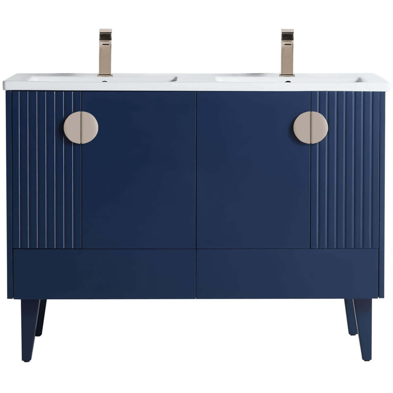 Saimah 47.25'' Double Bathroom Vanity with Ceramic Top, Navy Blue, Satin Nickel