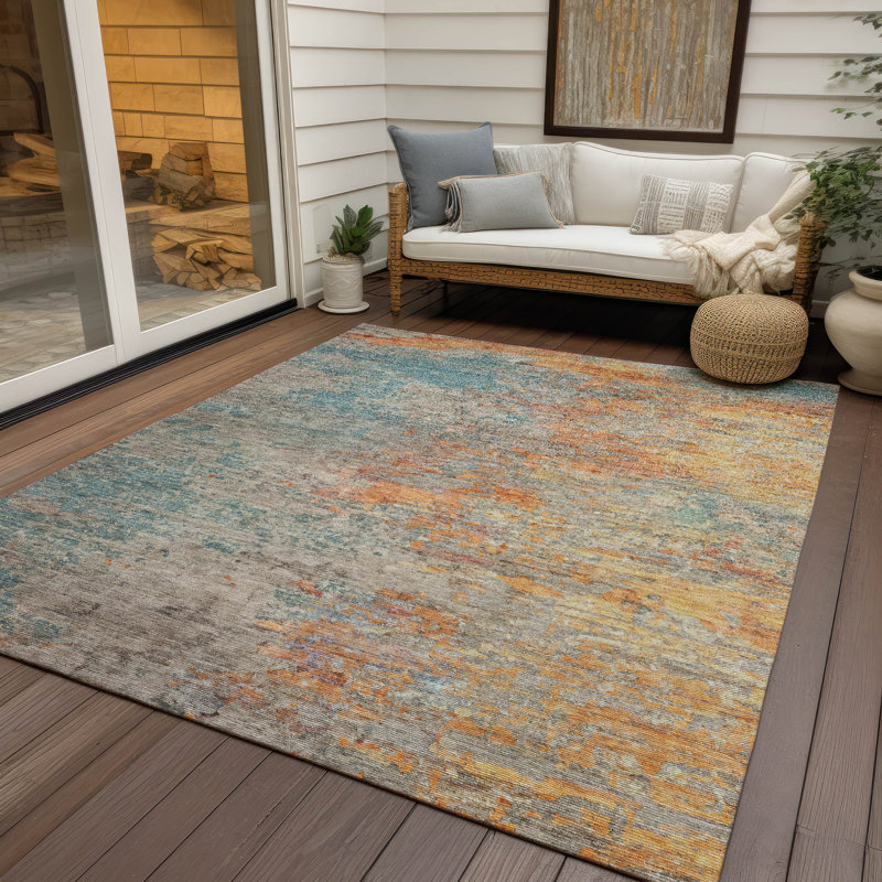 Tapis intérieur / extérieur bleu sarcelle lavable Safina , 9 pi x 12 pi