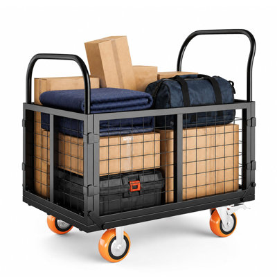 Heavy Duty Platform Truck with Cage, 24 x 39 Inch Foldable Flatbed Cart with 4 Wheels, Rolling Garden Cart for Yard Work, Garage & Moving