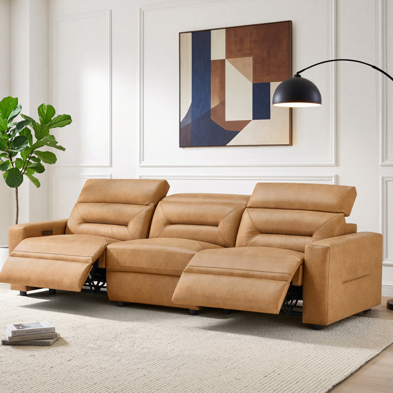 Canapé modulaire inclinable électrique 114 po avec dégagement zéro et hauteur réglable, Saddle Brown