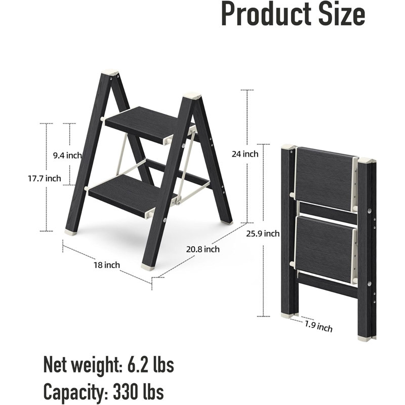 Tabouret 2 marches pliable, aluminium, escabeau léger, grain de bois ébène, Grain de bois ébène