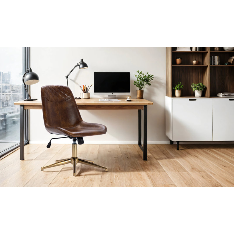  Chaise de bureau pivotante en cuir à hauteur réglable de 23 po de largeur avec dossier matelassé, Caramel, Or