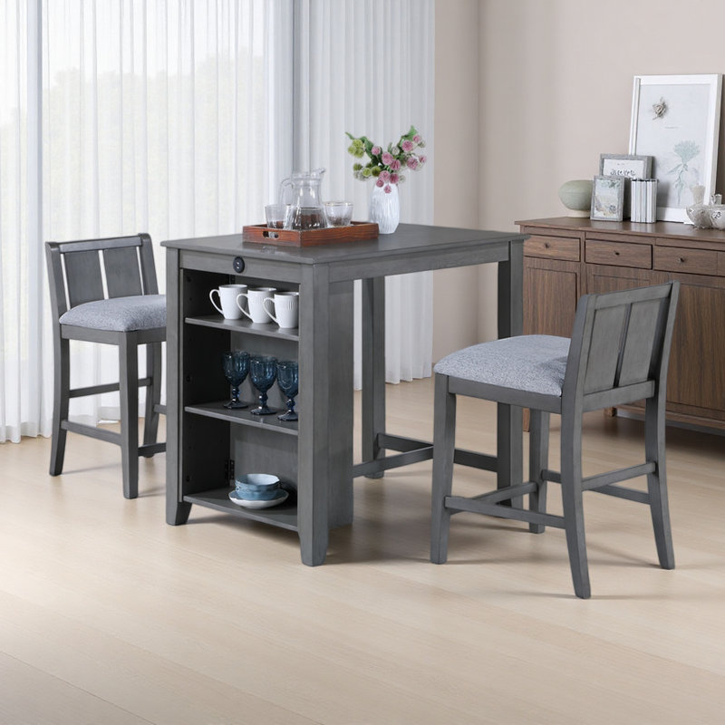 Table de salle à manger à hauteur de comptoir 36 pièces 3 pièces avec tablettes et 2 chaises, Gris, Gris