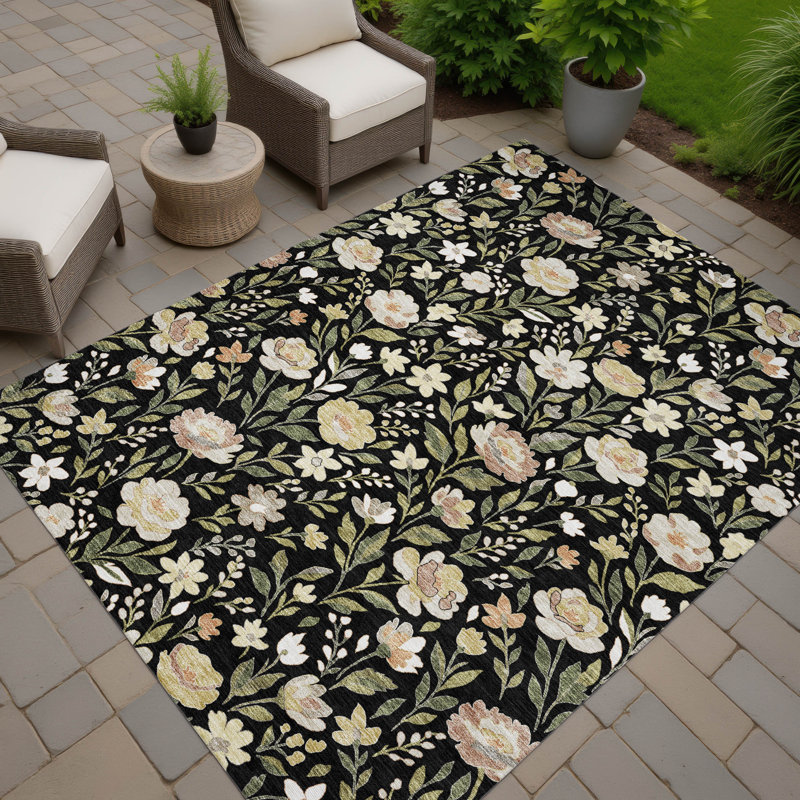 Machine Washable Indoor/Outdoor Chantille ACN2438 Floral Rug, 9' x 12', Black