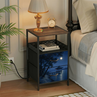 Table de chevet 2 tiroirs avec station de charge, table de chevet pour chambre avec ports USB et amp; Table de chevet noire Outlets