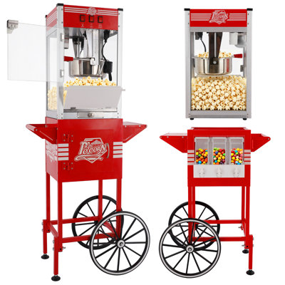 Machine à maïs soufflé commerciale 12 oz avec chariot, machine à maïs soufflé électrique à 3 boutons de contrôle, livrée avec 3 boîtes de rangement de bonbons et 3 cuillères en plastique.