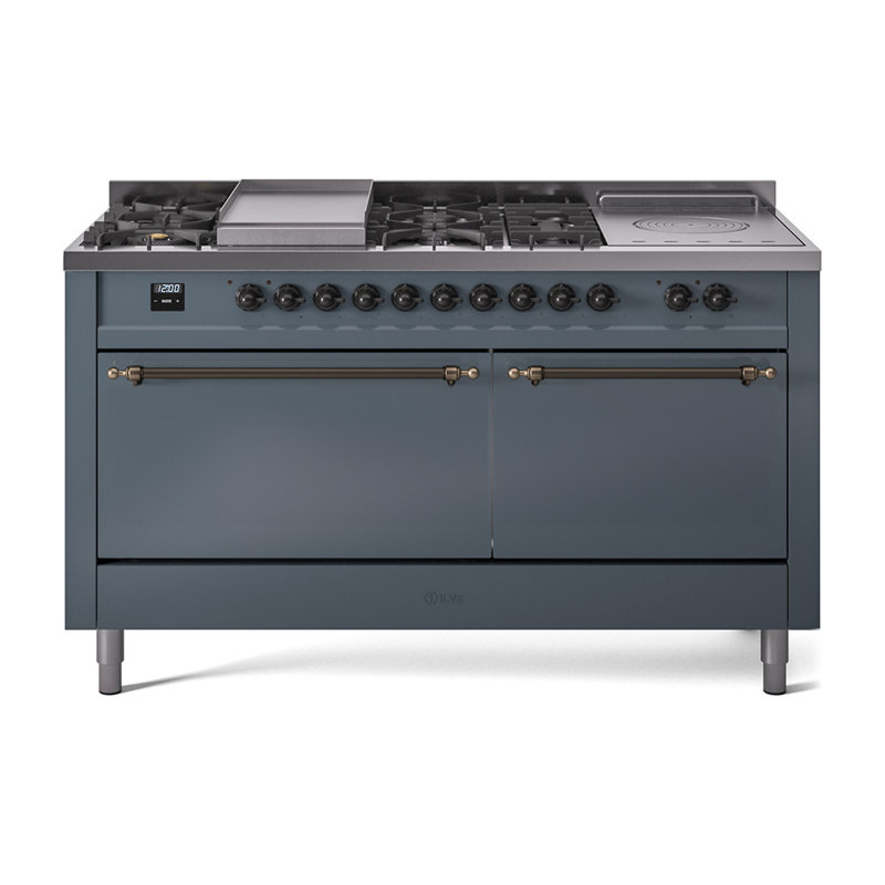 ILVE Nostalgie II 60 in Dual Fuel Range, 7 Burner, Griddle, Frenchtop, Blue Gray/Burnished, Liquid Propane