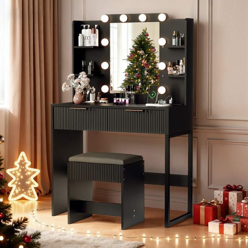Lighted Vanity Table Set - 10pcs 3-Color Dimmable Bulbs, 2 Drawers, Black