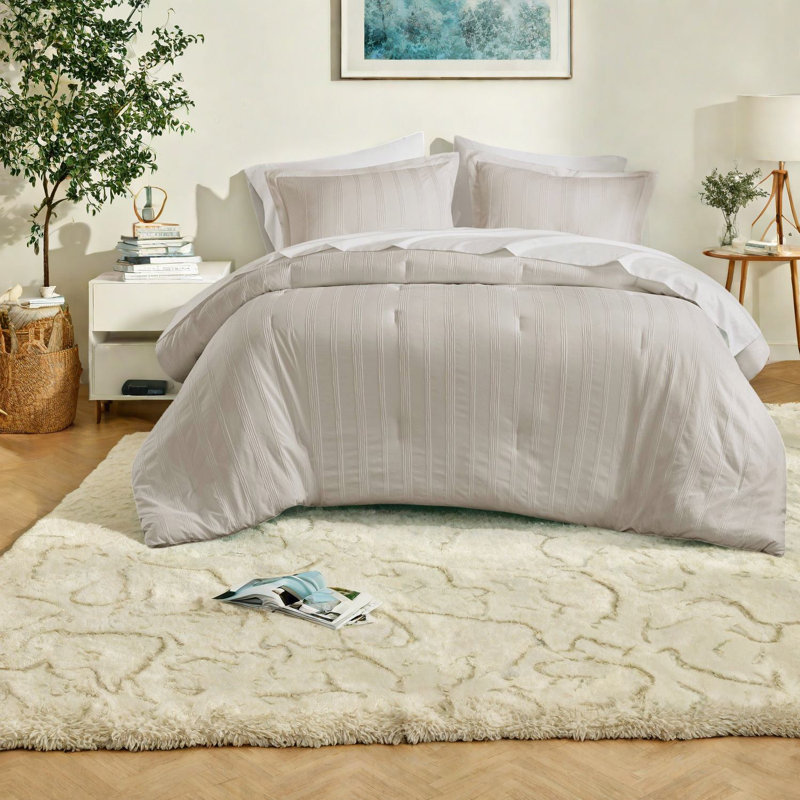 Neutral 7-piece Queen Bedding Set, Polyester Woven Stripes For Cozy Modern Bedrooms
