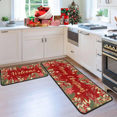 2 Pcs Christmas Kitchen Rugs And Mats For Floor Non-Slip Backing Mat Merry Christmas Kitchen Decor Anti Fatigue Kitchen Rug Sets With Runner Xmas Decor