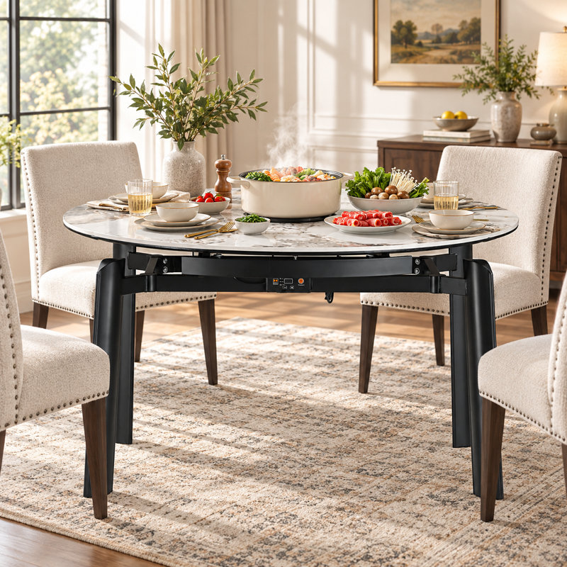 51.18" Multifunctional Extendable Dining Table with Built-In Induction Cooktop and Marble-Pattern Top