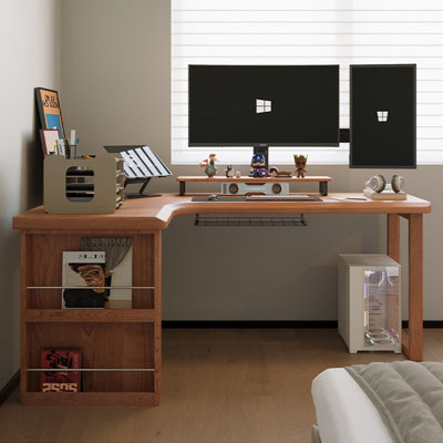 Cherry Wood Color L-Shaped Solid Wood Desk
