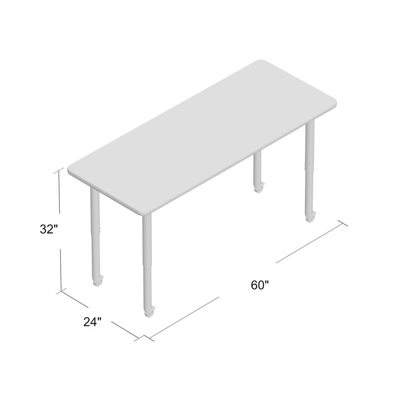 Table d'activité rectangulaire à hauteur réglable en forme de T, Roulement pivotant standard, 24 po x 72 po