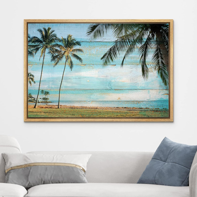 Bord de mer bord de mer effet palmier tropical ciel numérique moderne Art déco floral, Cadre naturel flottant