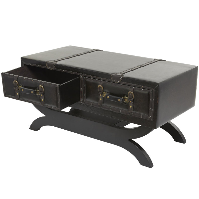 Urbana Dark Brown Faux Leather Vintage Faux Leather 2 Drawer Living Room Coffee Table with Curved Stand and Buckle Accents, 40" x 19" x 21"