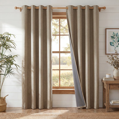 100% Blackout Linen Curtains for Bedroom, Burlap Linen Drapes with Thermal Insulated Grey Liner Grommet Noise Reducing Window Panels for Living room, 2 Panels