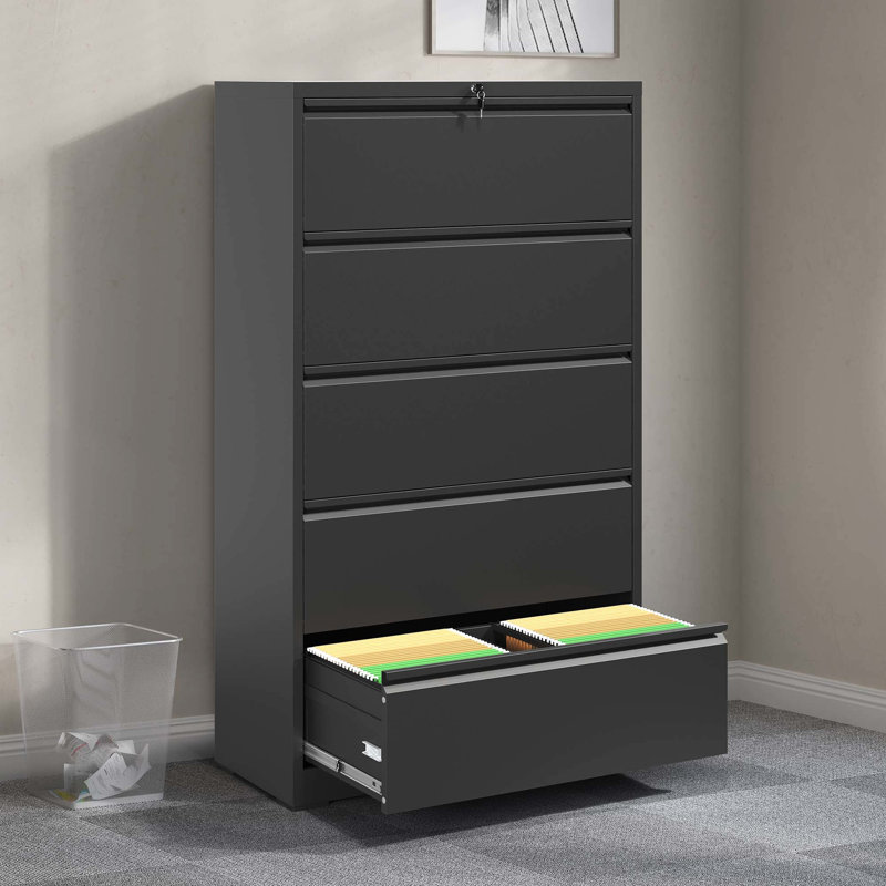 Classeur en métal à 5 tiroirs verrouillable, noir, solution de bureau alternative, pour format légal / lettre / A4 / F4, armoire moderne avec capacité de 550 lb avec serrure, aspect antique noir, améliore l'efficacité,