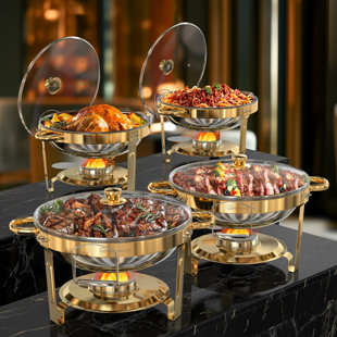 Gold Chafing Dishes for Buffet with Glass Lid (5QT, 4 Pack)