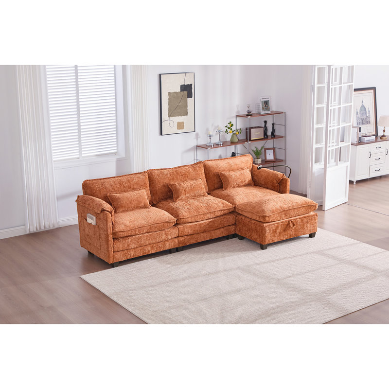 Canapé-lit modulaire en chenille de 112 po pour le salon, canapé en forme de L confortable avec rangement amovible, ports de charge intégrés et support pour téléphone, coussins en mousse à haute résilience orange, uni