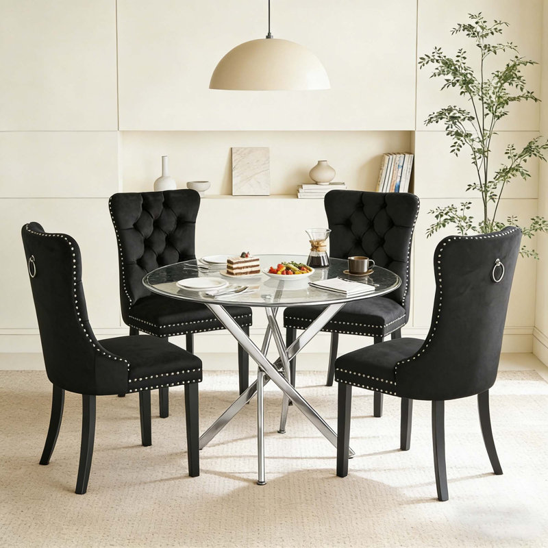 5-Piece Round Glass Table Set With Velvet Chairs – Metal Base, Seats 4, 5 Pieces: Table, 4 Chairs, Black, Silver