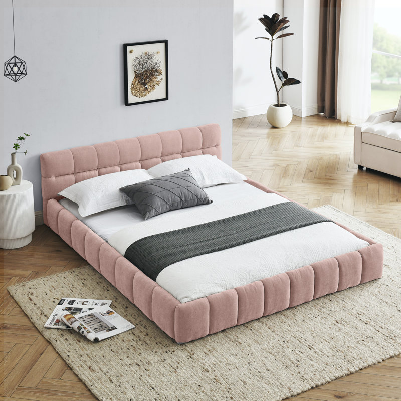 Structure de lit rembourrée avec tissu épais, Grand lit, Rose