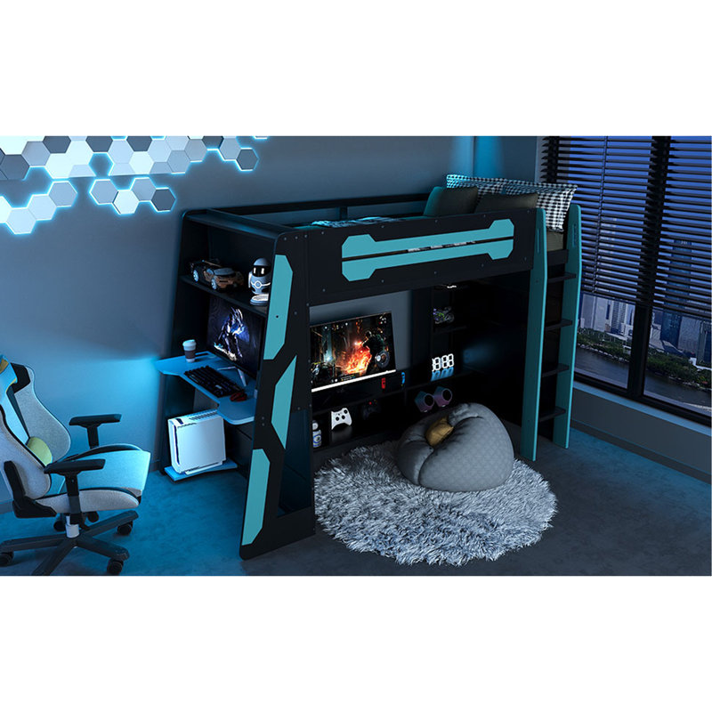 Lit mezzanine simple en bois avec bureau, tablettes multiples et lumière RVB, bleu nuage, Bleu