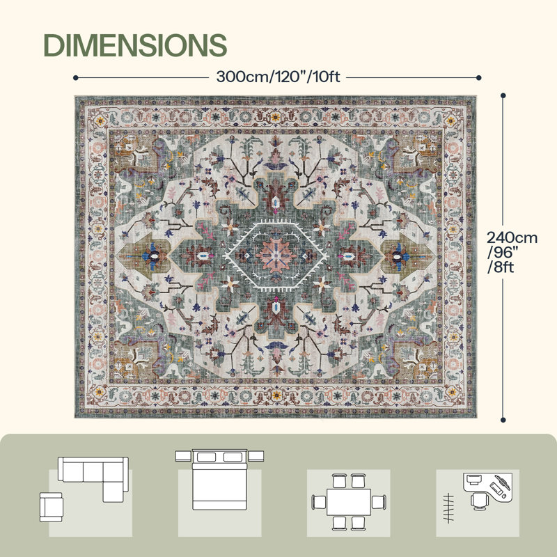 Tapis lavable antidérapant, paillasson à motif rétro à poils courts, Rectangulaire 8 pi x 10 pi