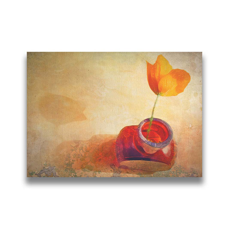 Coquelicot orange dans une bouteille brune par Hal Halli. Toile giclée sur toile tendue avec cadre flottant, Toile tendue