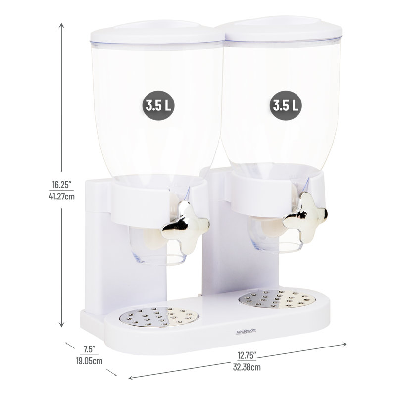 Distributeur de céréales double Mind Mind pour comptoir, 2 contenants hermétiques de 2 L, distributeur de nourriture sèche rotative pour céréales, riz, bonbons, grains de café, blanc