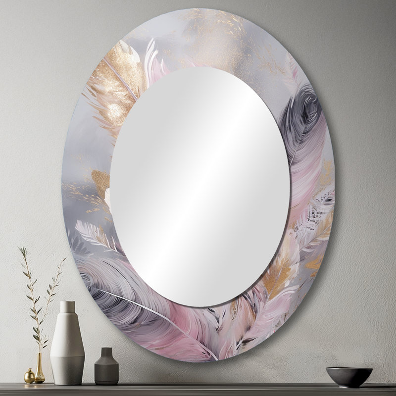 Miroir mural rose avec plumes roses Wanderlust, 43 po x 33 po
