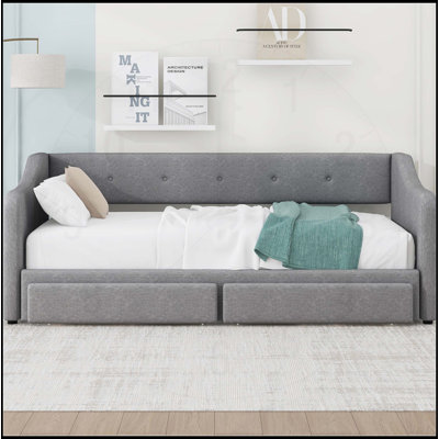 Lit de jour simple rembourré réglable TG avec très grand lit avec deux tiroirs spacieux, gris, parfait pour une utilisation et un rangement polyvalents