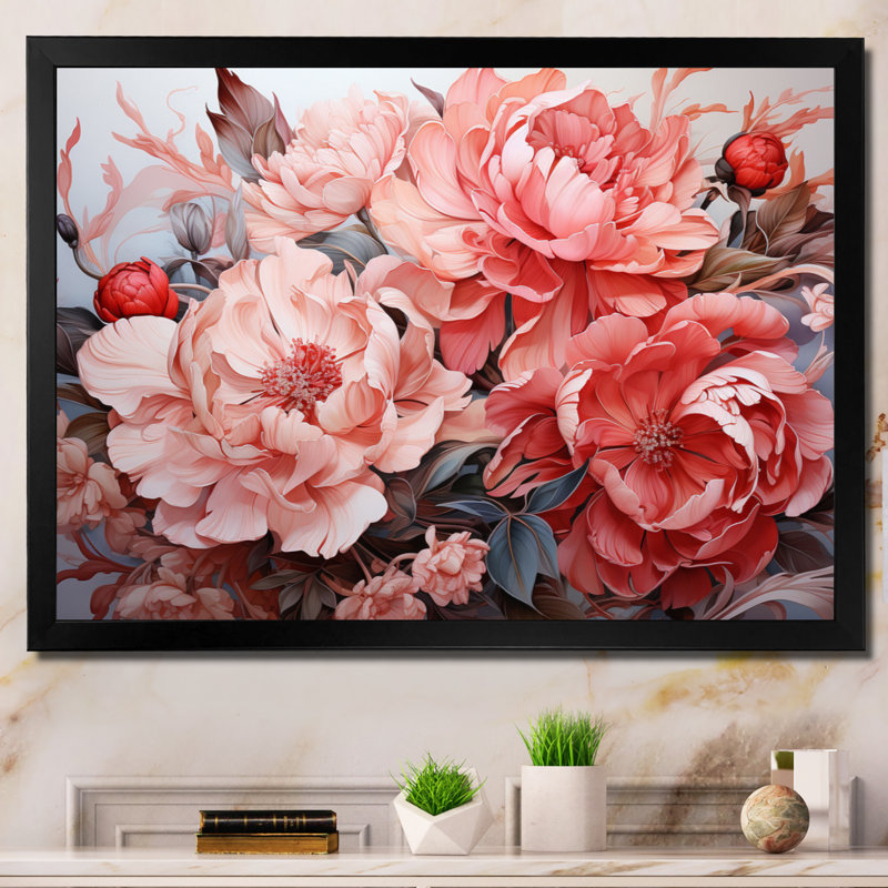" Pink Red Line Art Floral Patterns I ", Cadre simple noir, H 12 po x l 20 po x P 1 po