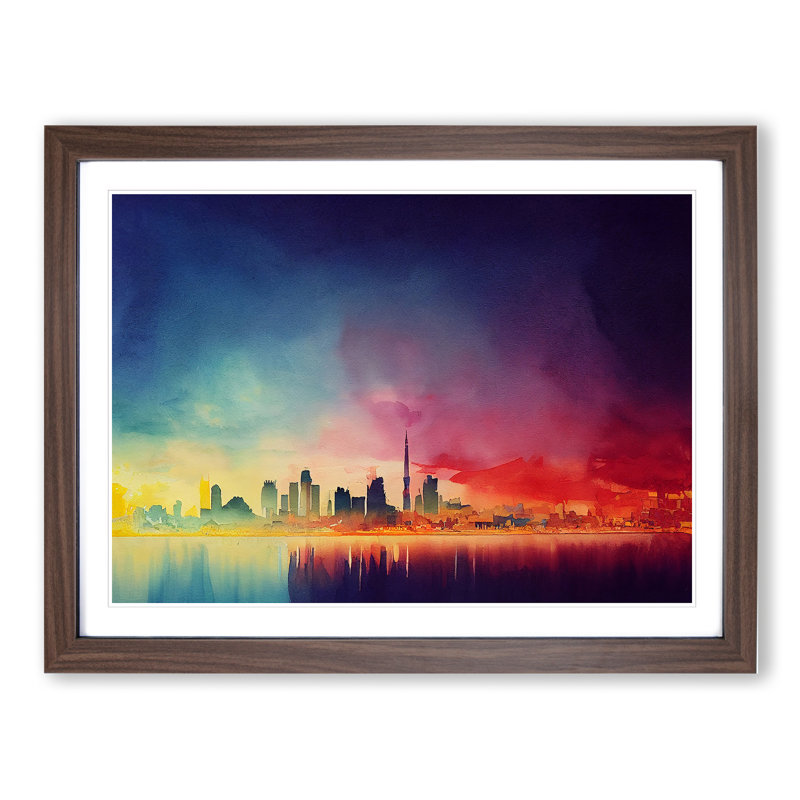 Skyline City Watercolour - Framed Print, Walnut Framed, 34cm H x 46cm W x 2cm D