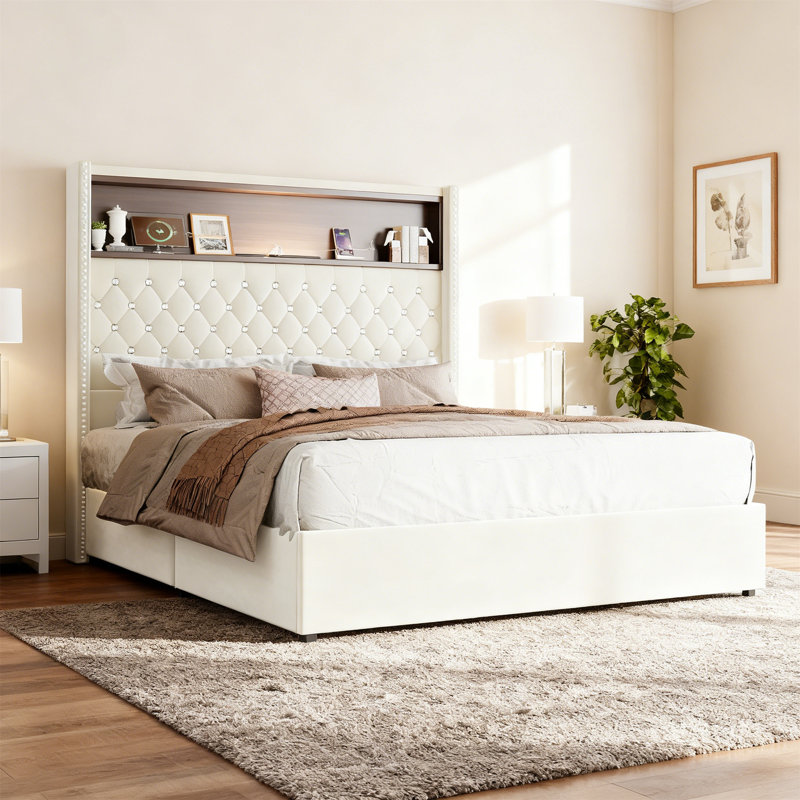 Tufted Velvet Platform Bed with 52'' Wingback Headboard,Storage Shelf,USB Charging Port & Night Light, Beige, Full