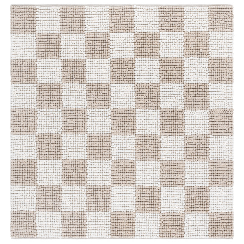 Tapis à carreaux en laine / coton Natura 288 tissé à plat en taupe / ivoire, Carré 6 pi