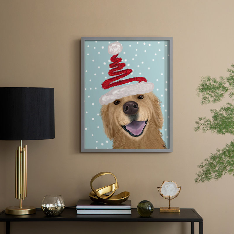 «Christmas Golden Retriever and Spring Santa Hat», reproduction encadrée - bois massif, H 11 po x l 9 po, Gris