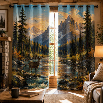 Ensemble de 2 rideaux à motif faune sauvage, imprimé paysage forestier, montagnes majestueuses, rivière, cerf et loup, œillets occultants pour salon, idéal pour la décoration intérieure.