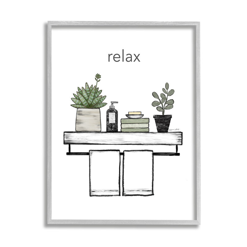 Gray Framed Relax Bathroom Botanical Art with Wood Grain Frame