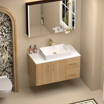 Meuble-lavabo mural 36 po avec comptoir en quartz blanc et vasque carrée en céramique
