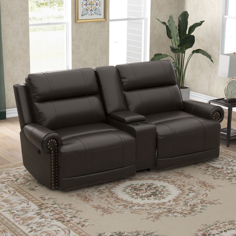 Causeuse inclinable électrique en cuir surdimensionnée à accoudoirs cloutés avec rangement pour porte-gobelets 79 po Gelula