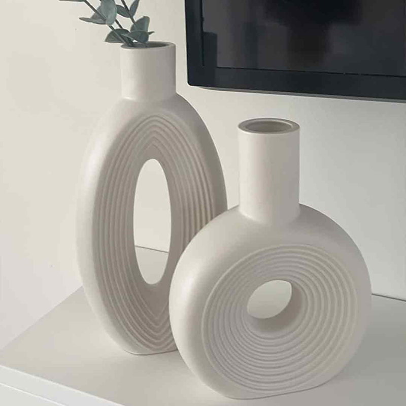 White Ceramic Hollow Center Vase Set for Modern Decor
