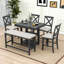 Ensemble de salle à manger 6 pièces, table extensible avec rallonge amovible, tablettes de rangement, chaises rembourrées et banc-2072984489